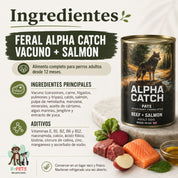 Ingredientes principales y aditivos de Feral Alpha Catch vacuno y salmón: carne, salmón, remolacha, manzana y jengibre