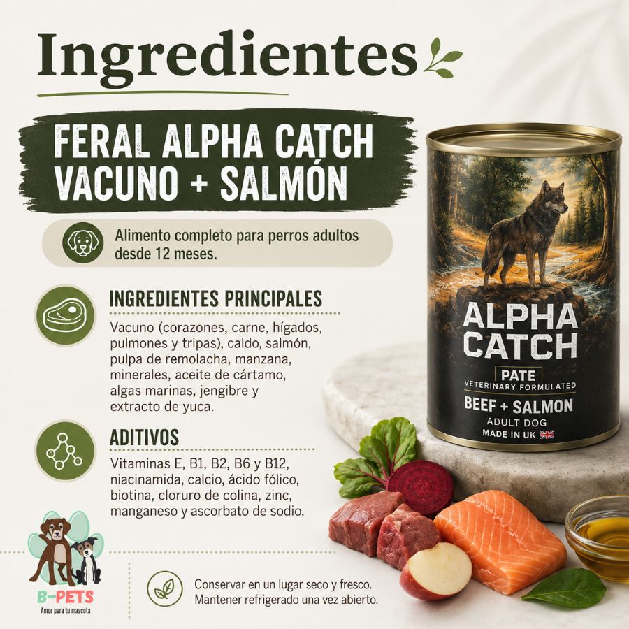 Ingredientes principales y aditivos de Feral Alpha Catch vacuno y salmón: carne, salmón, remolacha, manzana y jengibre