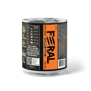 Vista lateral de la lata Feral Alpha Catch 400 g, con el logo naranja de la marca y el panel de información legal