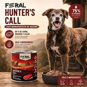 Feral Hunter's Call 400 g junto a un perro: 99 % de carne, 75 % de humedad y solo tres ingredientes