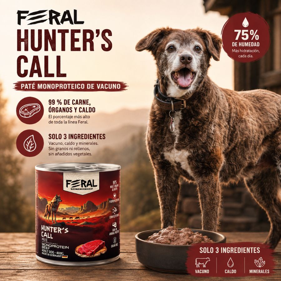 Feral Hunter's Call 400 g junto a un perro: 99 % de carne, 75 % de humedad y solo tres ingredientes