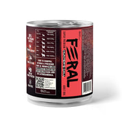 Reverso de la lata Feral Hunter's Call 400 g con la tabla de raciones diarias y el sello 99 % de carne