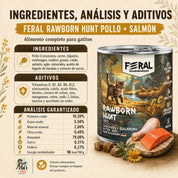 Ingredientes, aditivos y análisis garantizado de Feral Rawborn Hunt: 10,20 % proteína y 96 kcal por 100 g
