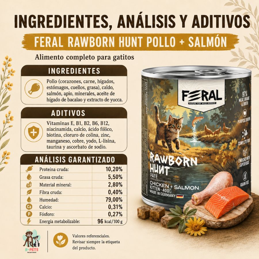 Ingredientes, aditivos y análisis garantizado de Feral Rawborn Hunt: 10,20 % proteína y 96 kcal por 100 g