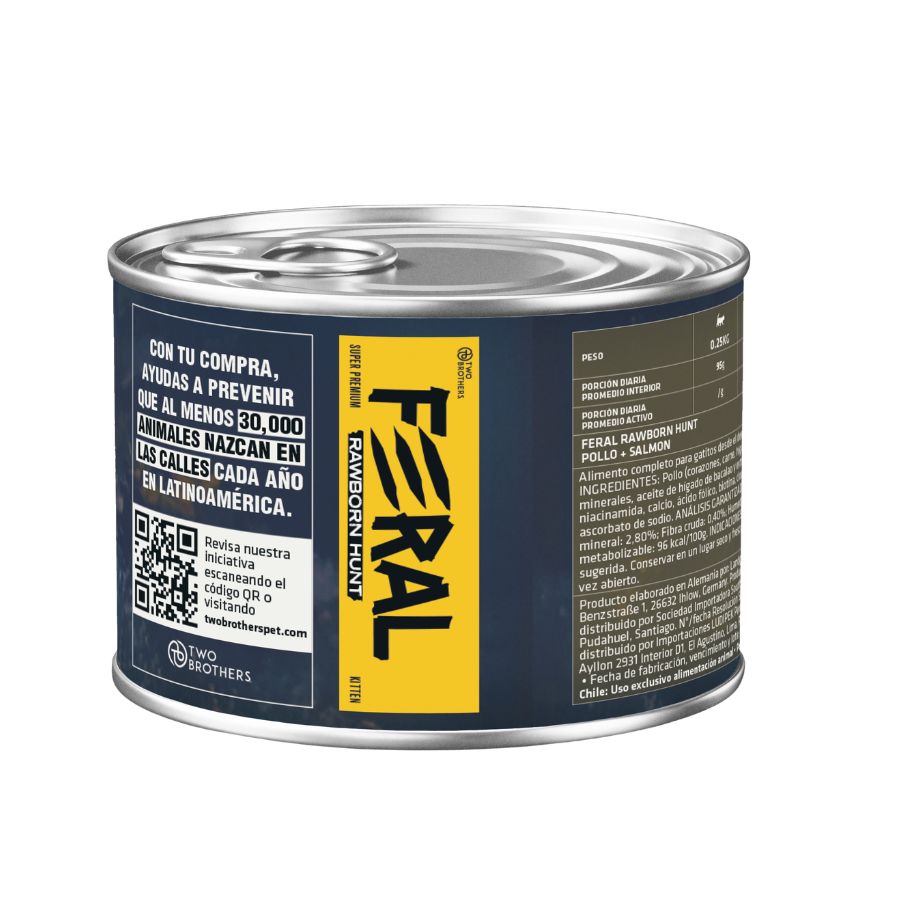 Costado de la lata Feral Rawborn Hunt 200 g con la composición, la causa social y el código QR