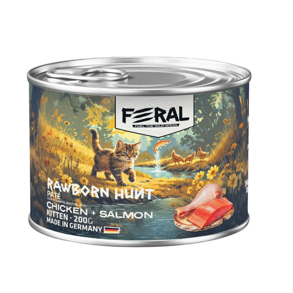 Lata Feral Rawborn Hunt de 200 g con paté de pollo y salmón para gatitos, con un gatito junto al río