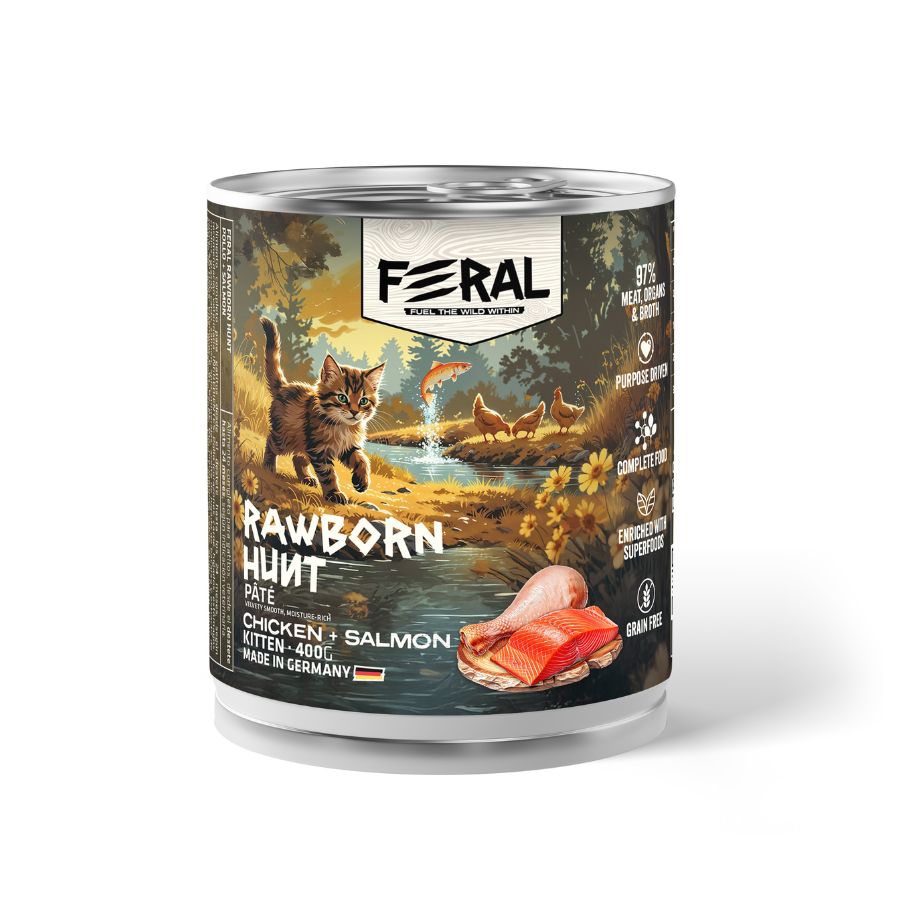 Lata Feral Rawborn Hunt de 400 g con paté de pollo y salmón para gatitos, con un gatito junto al río en la etiqueta