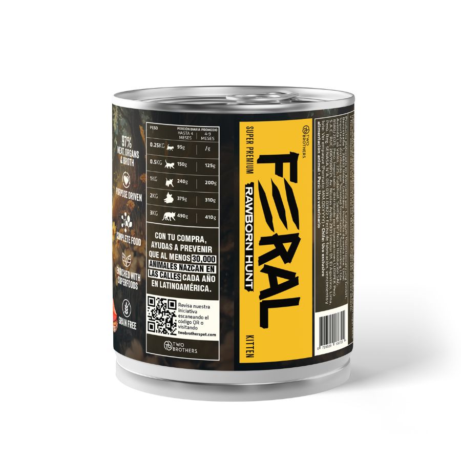 Reverso de la lata Feral Rawborn Hunt 400 g con el sello 97 % de carne, órganos y caldo y la tabla de raciones
