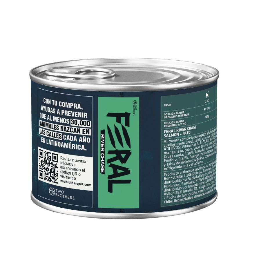 Costado de la lata Feral River Chase 200 g con la composición, la causa social y el código QR