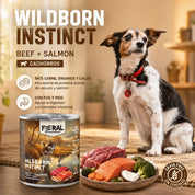 Feral Wildborn Instinct 400 g junto a un perro: 94 % de carne, órganos y caldo, con FOS y MOS, sin cereales