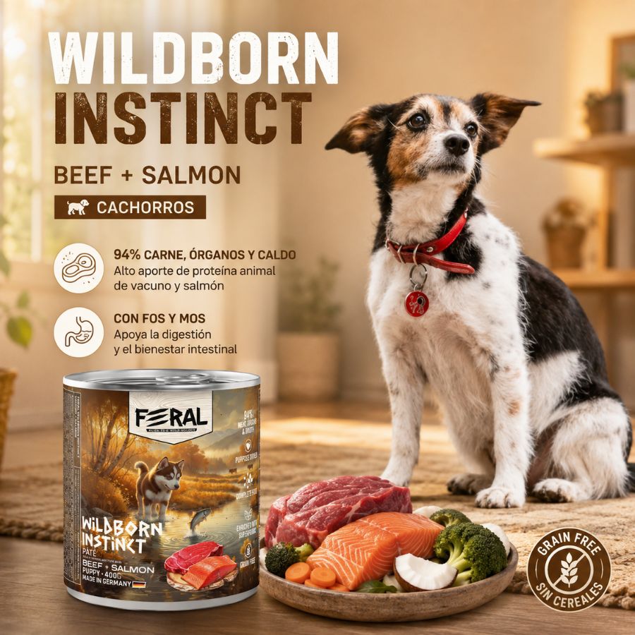 Feral Wildborn Instinct 400 g junto a un perro: 94 % de carne, órganos y caldo, con FOS y MOS, sin cereales