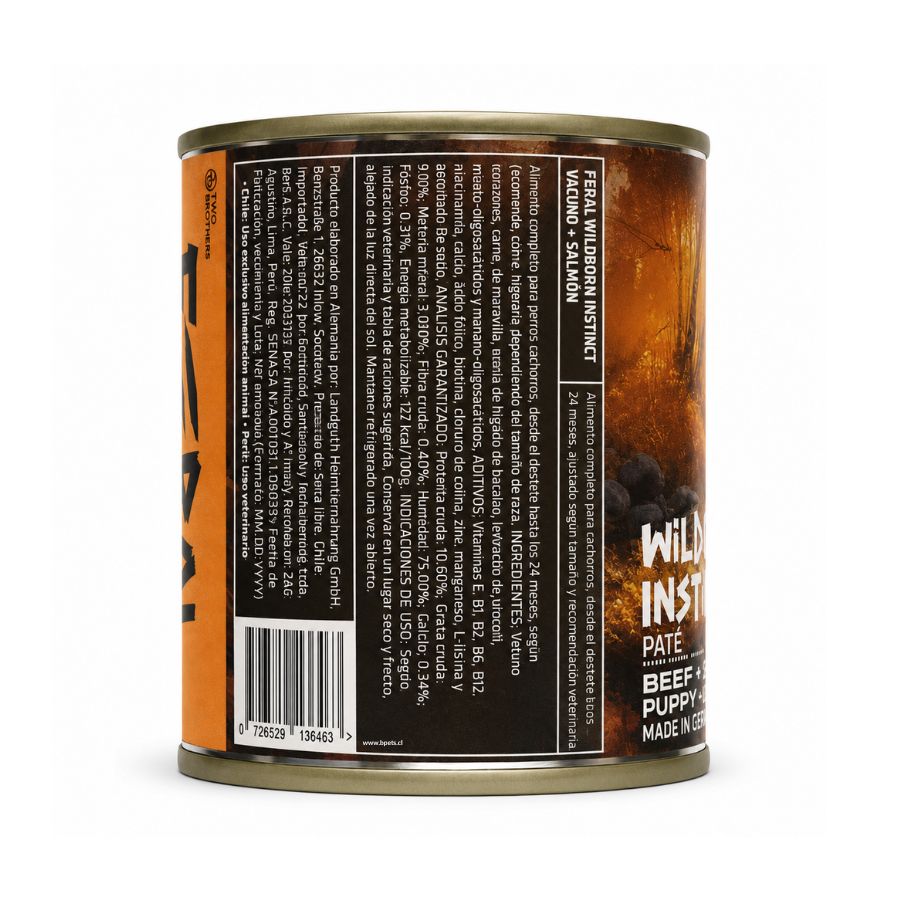 Costado de la lata Feral Wildborn Instinct 400 g con la composición, el fabricante alemán y el código de barras