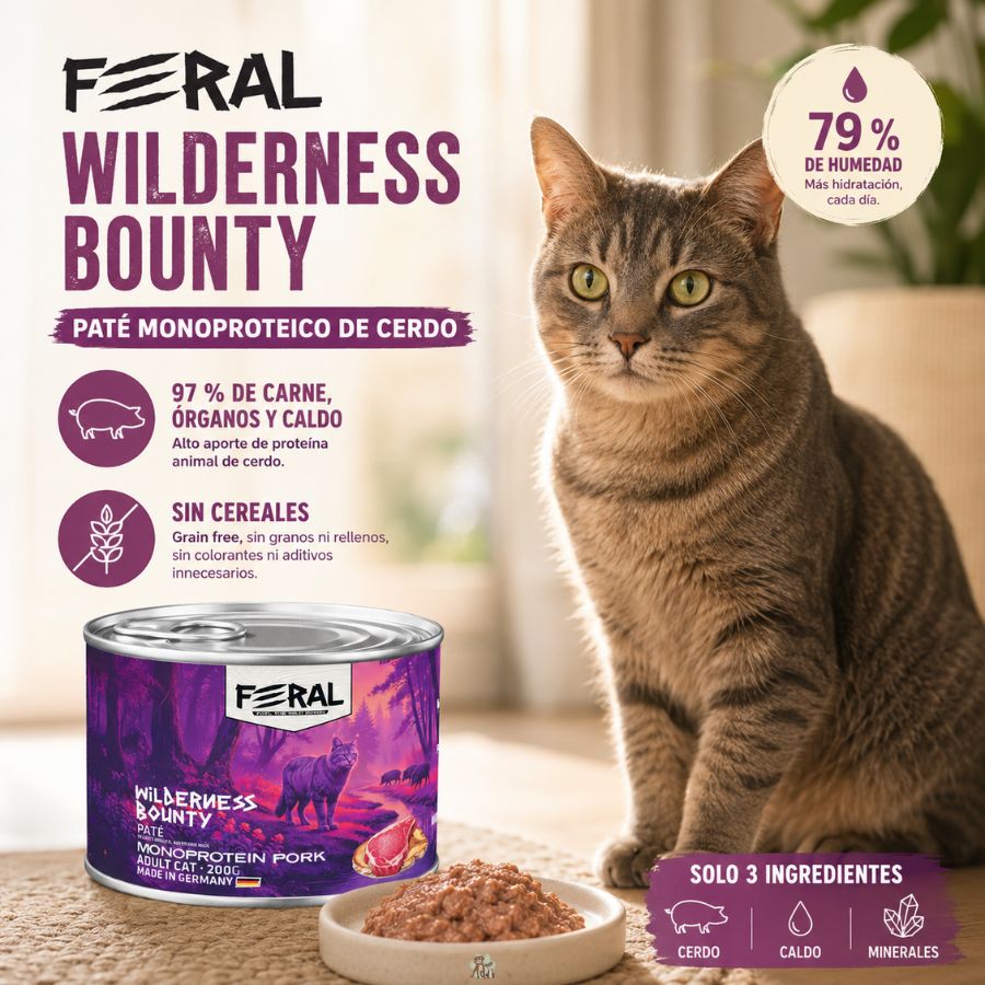 Feral Wilderness Bounty 200 g junto a un gato: 97 % de carne, 79 % de humedad y solo tres ingredientes