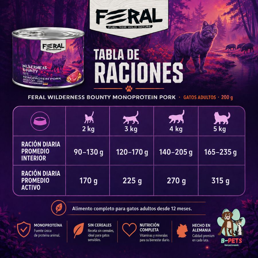 Ingredientes, aditivos y análisis garantizado de Feral Wilderness Bounty: 10,50 % proteína y solo cerdo