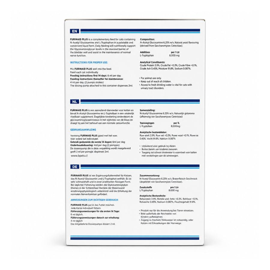 Reverso de Furinaid Plus con composición y análisis en inglés, holandés y alemán; dosis 6 y 4 ml