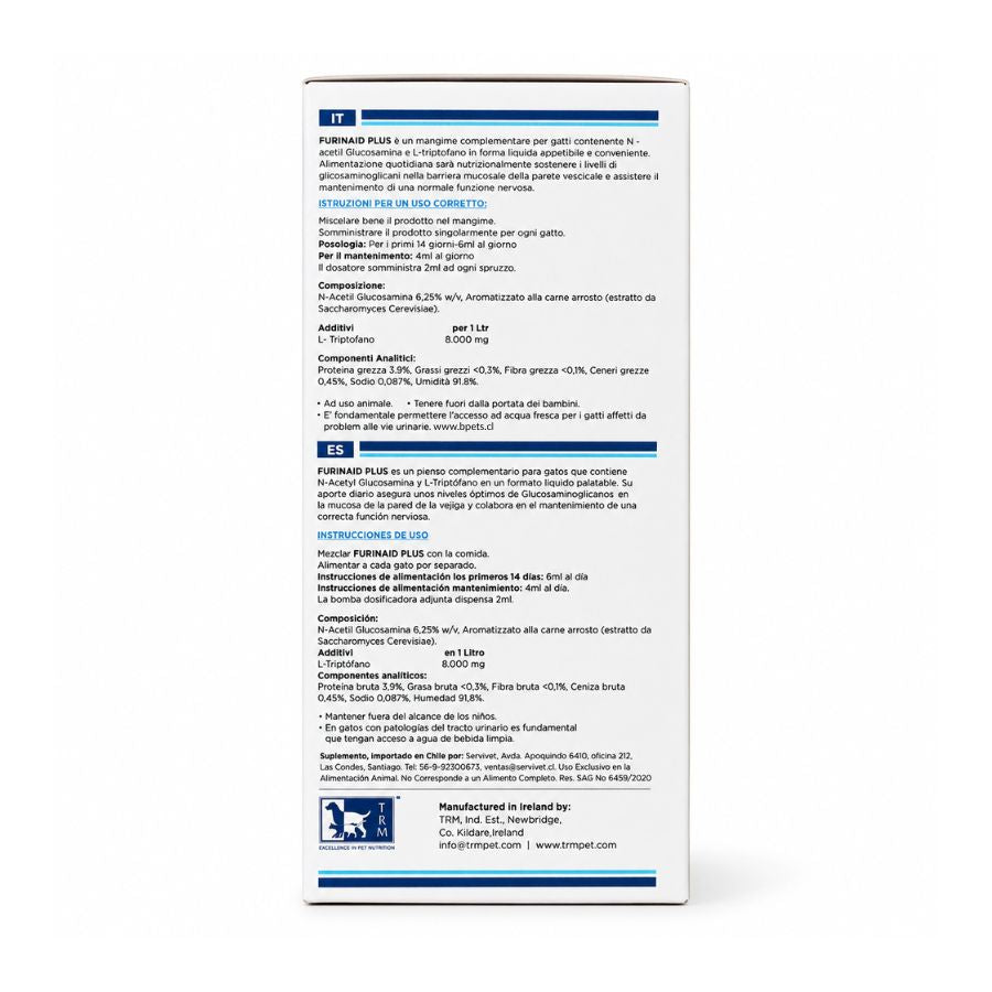 Reverso de Furinaid Plus con composición, dosis e instrucciones en español y Reg. SAG N° 6459/2020