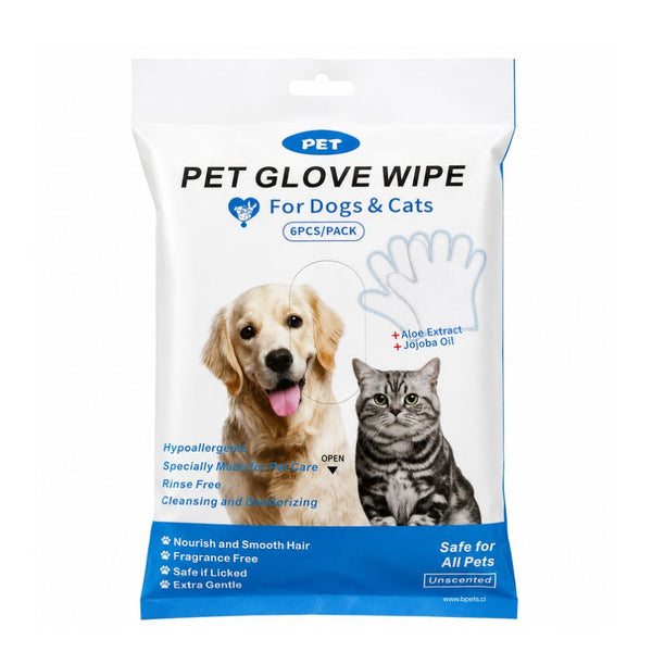 Guantes húmedos de limpieza Pet Glove Wipe para perros y gatos, paquete de 6 unidades con aloe y jojoba