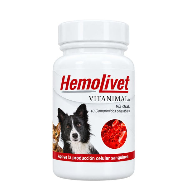 Frasco frontal de Hemolivet Vitanimal 10 comprimidos, formato compacto del suplemento con hierro para perros y gatos