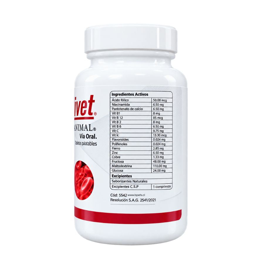 Ingredientes activos de la fórmula Hemolivet Vitanimal con fierro, ácido fólico, complejo B y Resolución SAG 2541/2021