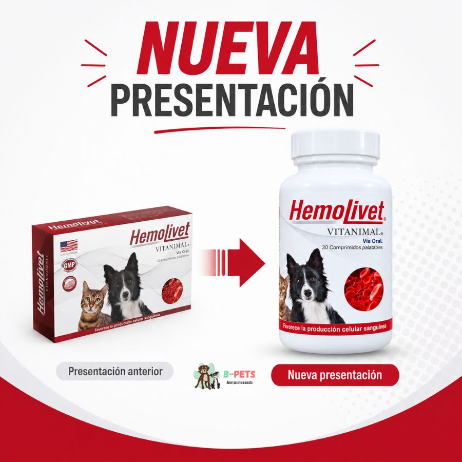 Nueva presentación de Hemolivet Vitanimal: frasco de 30 comprimidos que reemplaza a la caja anterior