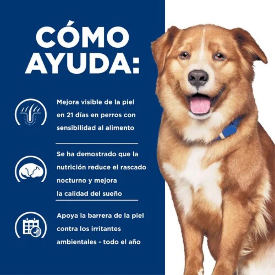 Hills Canine Derm Complete 2.9 KG, alimento veterinario para perros con sensibilidad cutánea, apoyo inmune y cuidado urinario.