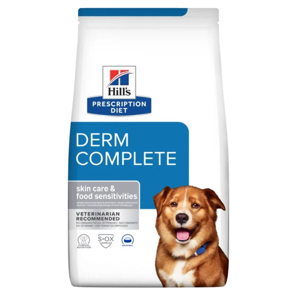 Hills Canine Derm Complete 2.9 KG, alimento veterinario para perros con sensibilidad cutánea, apoyo inmune y cuidado urinario.