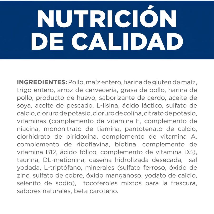 Lista de ingredientes de c/d Multicare Stress encabezada por pollo, con caseína hidrolizada y L-triptófano
