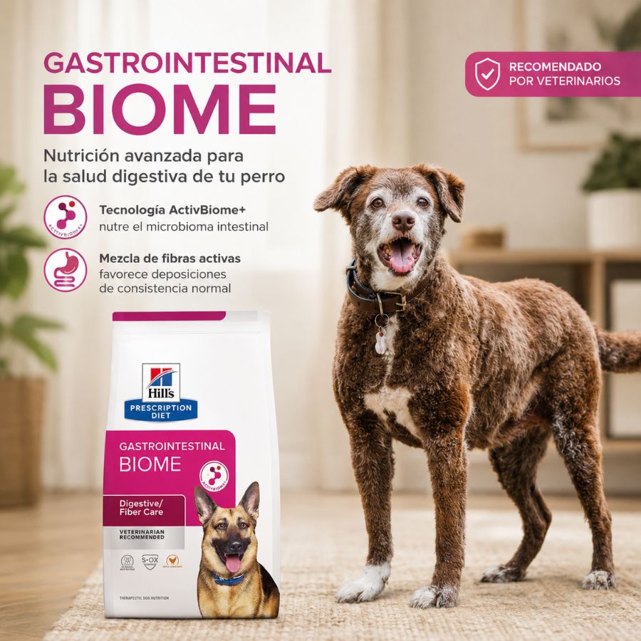 Perro adulto junto a la bolsa de Hills Gastrointestinal Biome, con ActivBiome+ y mezcla de fibras activas
