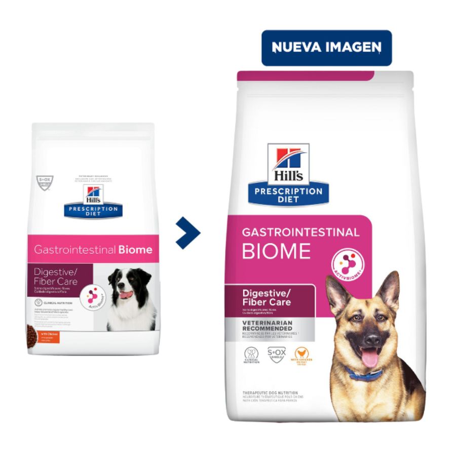 Comparación del empaque anterior y el nuevo de Hills Prescription Diet Gastrointestinal Biome para perros