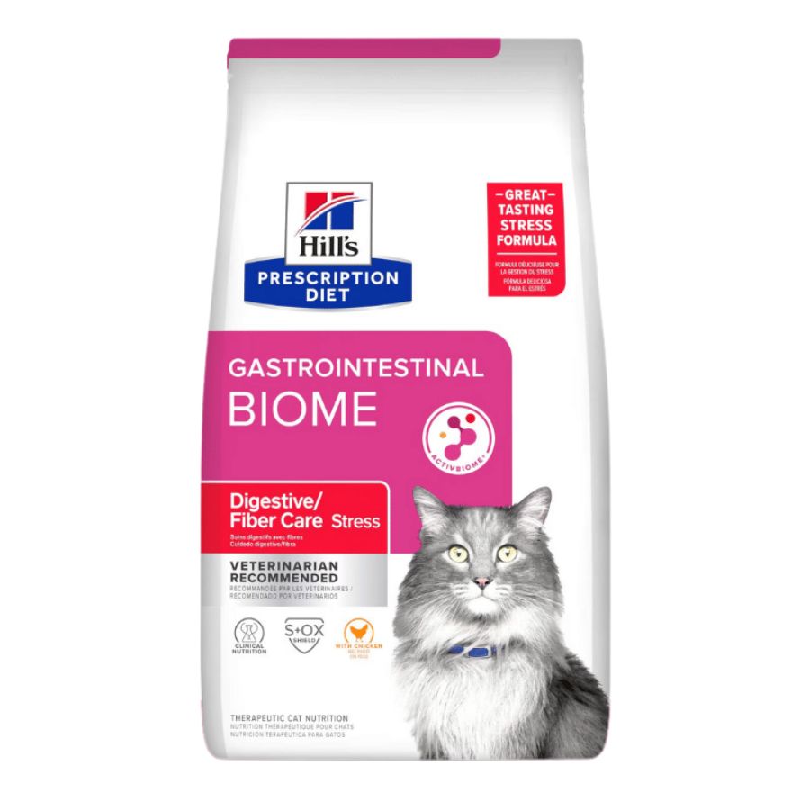 Bolsa frontal de Hills Gastrointestinal Biome Stress Gato 1,8 kg, dieta veterinaria seca con pollo