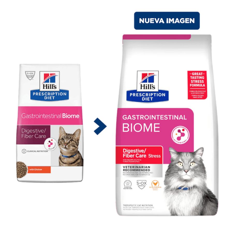 Comparación entre el envase anterior y el envase nuevo de Hills Gastrointestinal Biome Stress Gato
