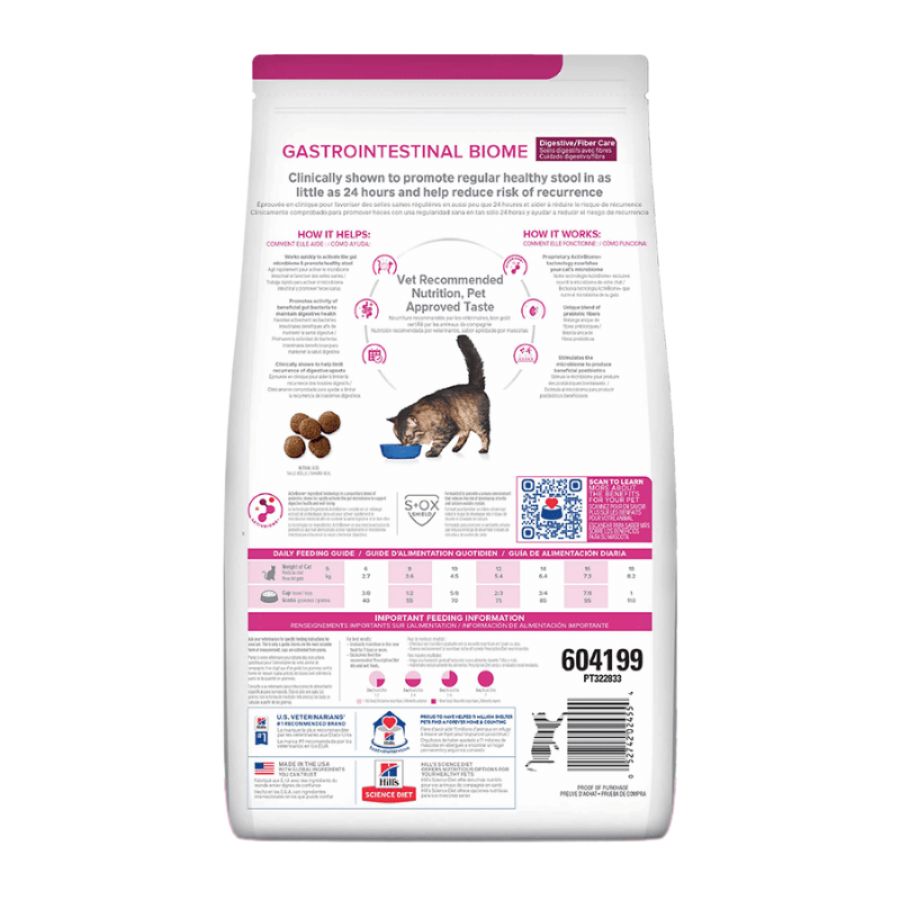 Reverso del envase de Hills Gastrointestinal Biome Stress Gato con tabla de alimentación diaria