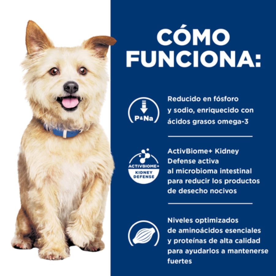 Cómo funciona Hills K/D Perro: fósforo y sodio reducidos, omega-3, ActivBiome+ y aminoácidos optimizados
