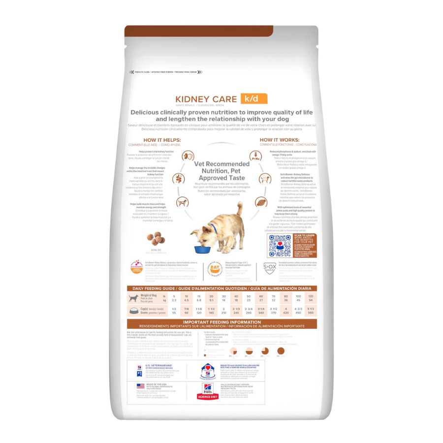 Reverso de Hills K/D Perro Kidney Care con la guía de alimentación diaria y los paneles cómo ayuda y cómo funciona