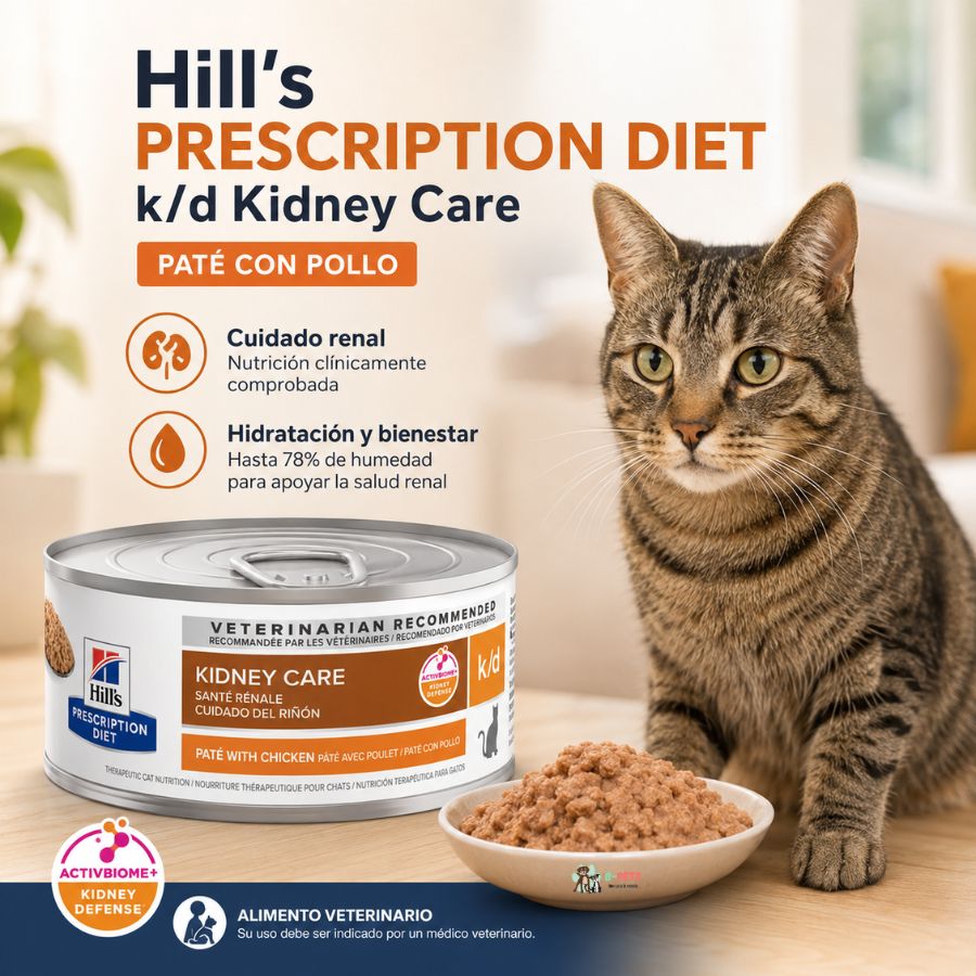 Lata de k/d Kidney Care junto a un plato con el paté servido y un gato atigrado en primer plano