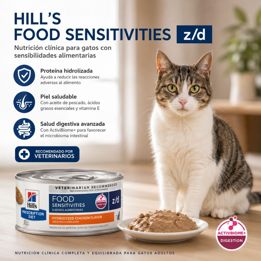 Hills Lata Z/D Food Sensitivities 156GR para Gatos, paté clínico con proteína hidrolizada que ayuda con sensibilidad alimentaria.