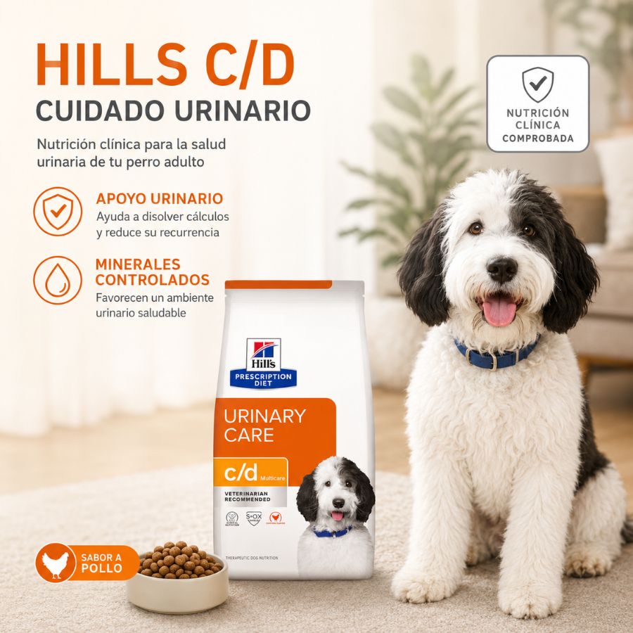 Hills C/D Perro Cuidado Urinario 1,5 kg ayuda a cuidar la salud urinaria, reducir cristales y apoyar una vejiga saludable.