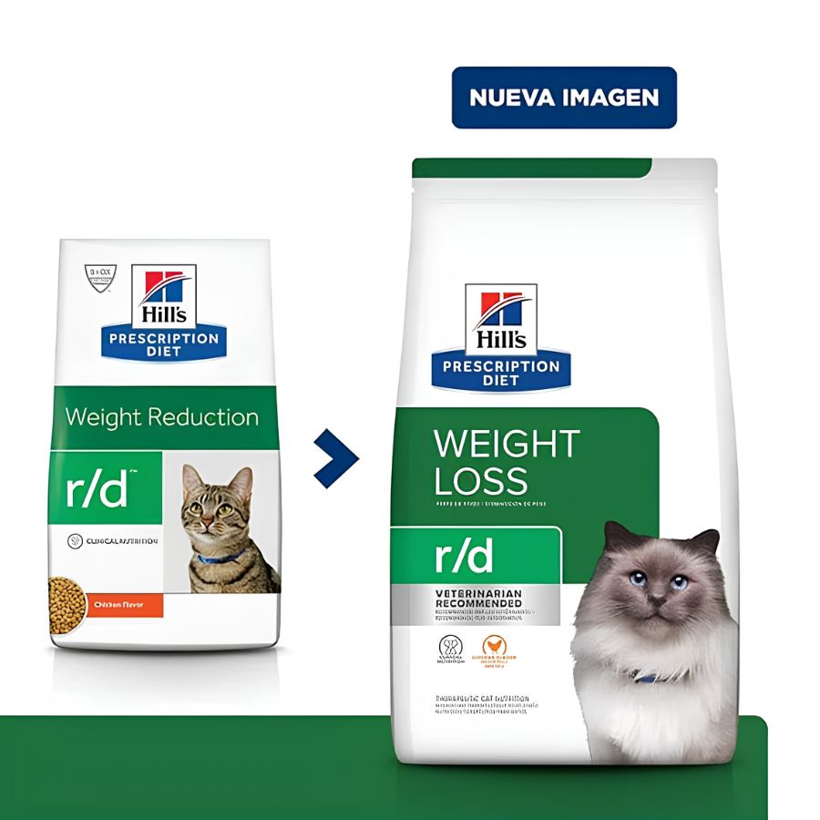 Comparación del empaque anterior Weight Reduction y el nuevo Weight Loss de Hills R/D para gatos