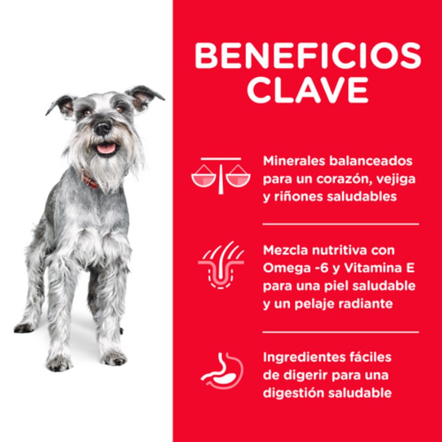 Beneficios clave de Hills Science Diet Adult 7+ Small & Mini: minerales balanceados, omega-6 y vitamina E