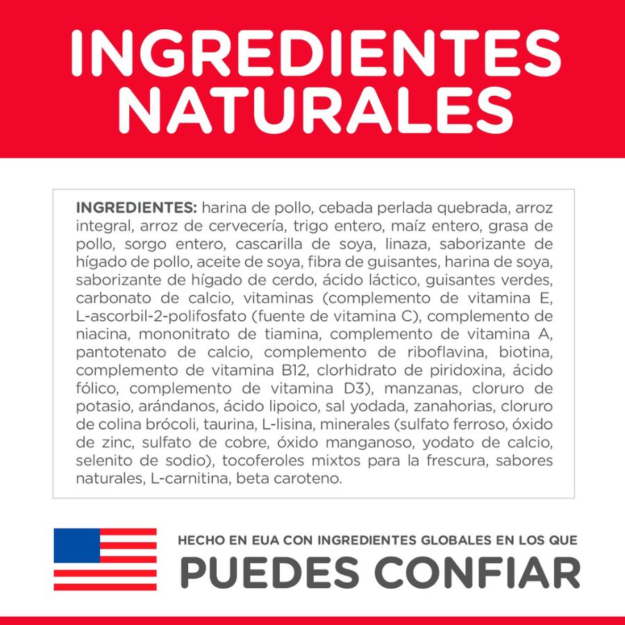 Lista de ingredientes naturales de Hills Science Diet Adult 7+ Small & Mini, hecho en Estados Unidos