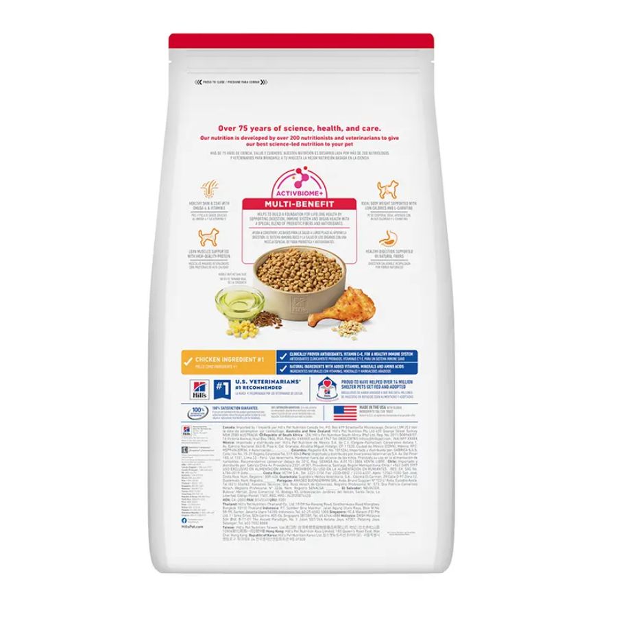 Reverso de Hills Science Diet Adult Light Small Bites con el sello ActivBiome+ Multi-Benefit y beneficios de la fórmula