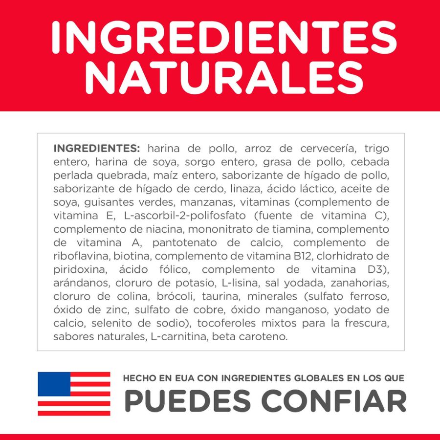 Lista de ingredientes de Science Diet Adult Small & Mini sobre el fondo rojo institucional de Hill's