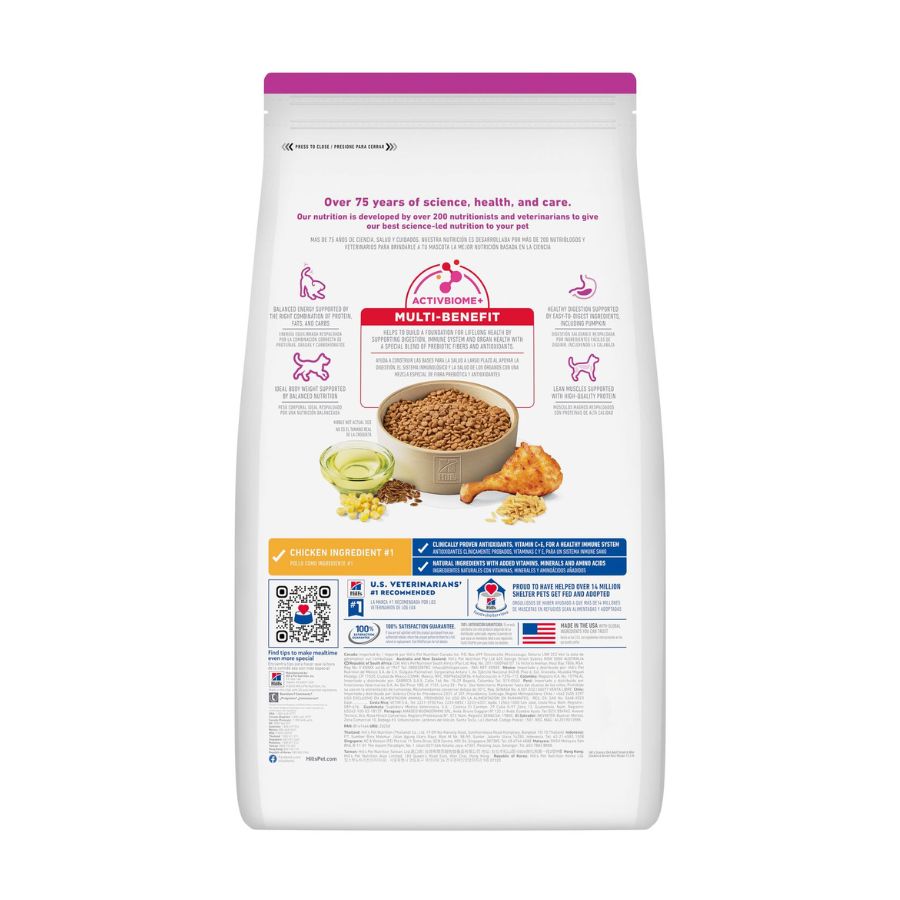 Reverso de la bolsa de Science Diet Adult Small & Mini con los paneles informativos impresos por Hill's
