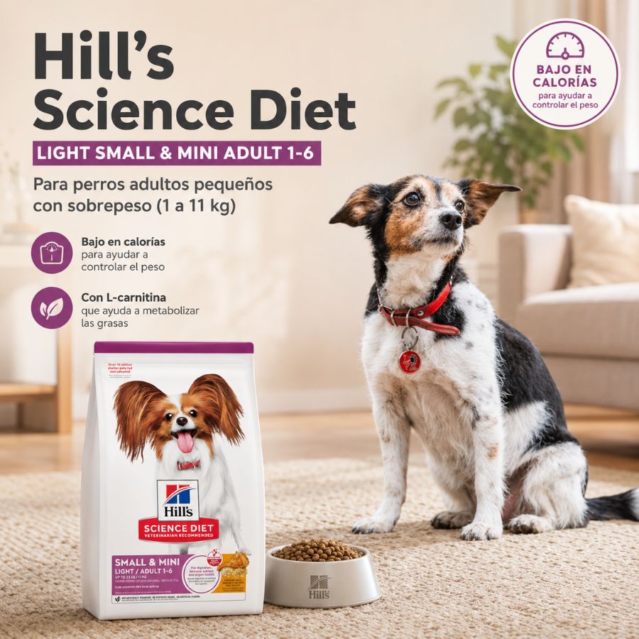 Bolsa de Science Diet Light Small & Mini junto a un plato servido y un perro pequeño sentado en la alfombra