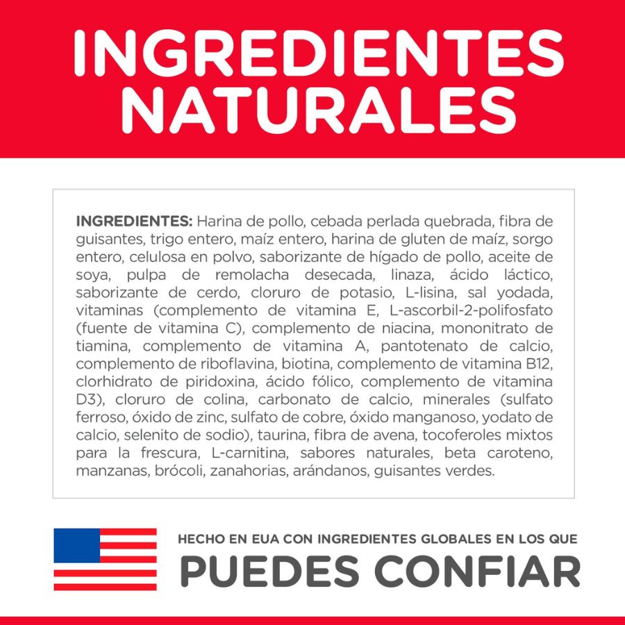 Lista de ingredientes de Science Diet Light Small & Mini sobre el fondo rojo institucional de Hill's