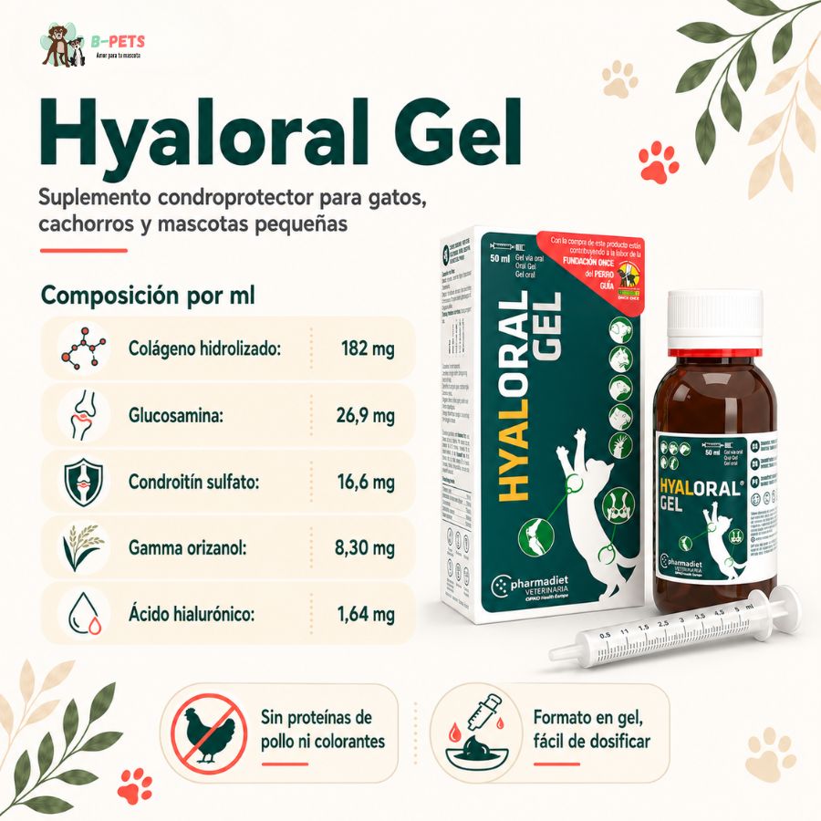 Tabla de composición por ml de Hyaloral Gel con sus cinco ingredientes activos: colágeno, glucosamina, condroitina, gamma orizanol y ácido hialurónico