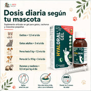 Tabla de dosis diaria de Hyaloral Gel según la especie y el peso: gatos, cachorros, perros pequeños y roedore