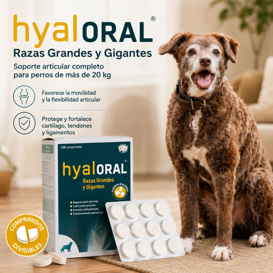 Hyaloral Razas Grandes y Gigantes junto a un perro grande, con su caja de 120 unidades y comprimidos divisibles