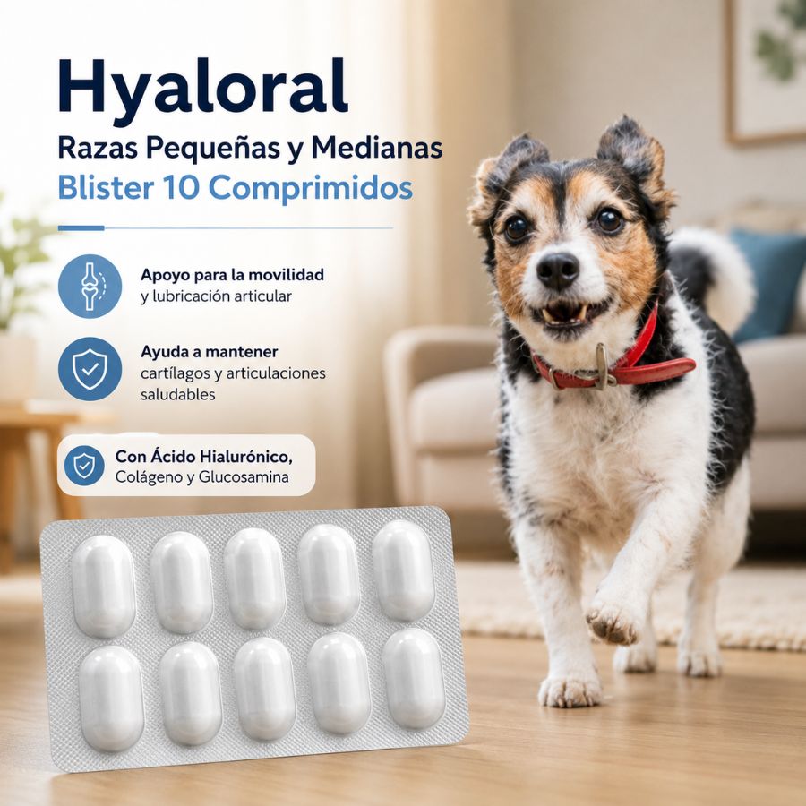Beneficios de Hyaloral Razas Pequeñas y Medianas, blíster de 10 comprimidos: apoyo a la movilidad y al cartílago con ácido hialurónico, colágeno y glucosamina