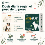 Tabla de dosis diaria de Hyaloral Razas Pequeñas y Medianas según el peso del perro: 1 comprimido por cada 5 kg